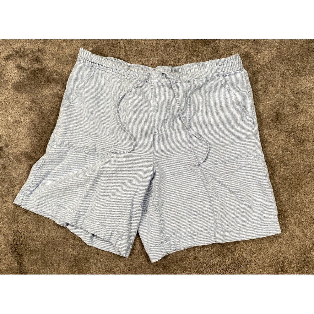 Orvis Shorts Womens XL Blue Striped Seersucker Linen Blend Drawstring Casual